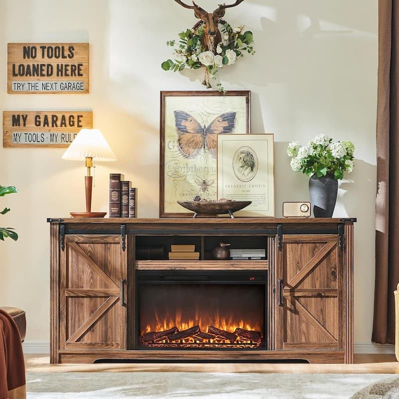 Farmhouse Fireplace TV Stand for 80 Inch TV, Entertainment Center
