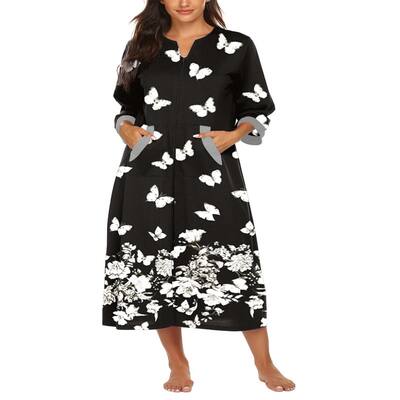 Women Zipper Robe 3/4 Sleeves Loungewea