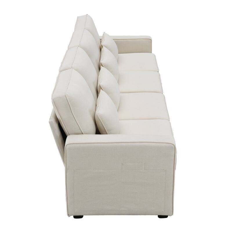 104" 4-Seater Modern Linen Fabric Sofa with Armrest Pockets and 4 Pillows