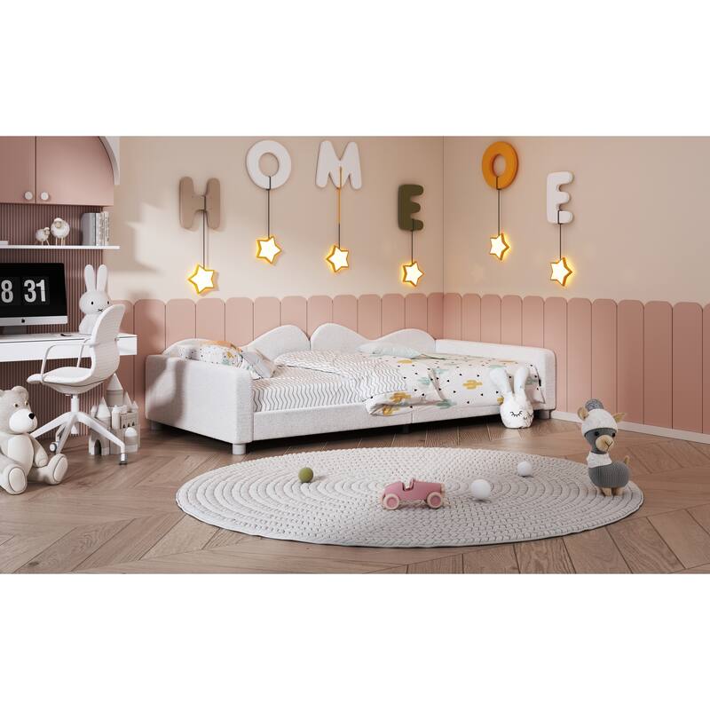 White Twin Size Sherpa Fabric Upholstered Daybed with Cloud-Shaped Backrest for Bedroom