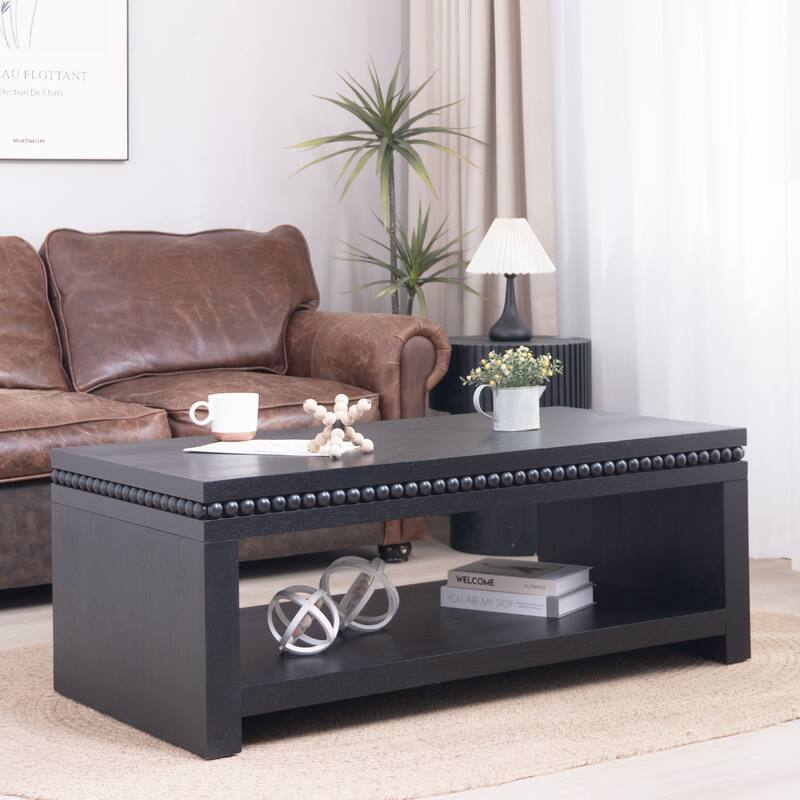 Roomfitters Modern Coffee Table with Beaded Trim, Rectangular Open Storage Shelf