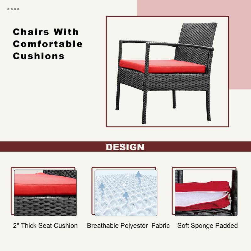 Outdoor Furniture 3 Piece Patio Bistro Furniture Set, Rattan Conversation Chairs Set with Side Table and Cushions
