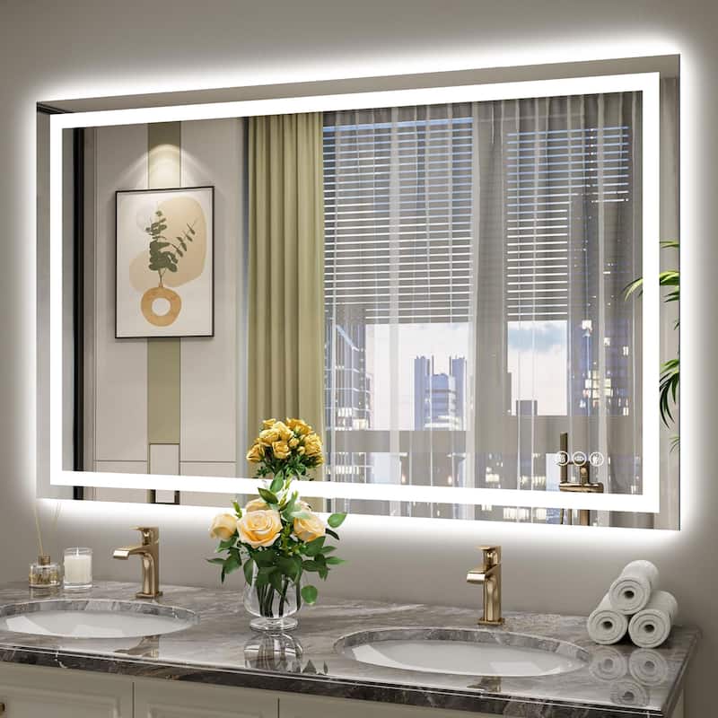 Extra Large LED Bathroom Mirror Anti-Fog Tempered Wall Vanity Mirror with Double Light Strip, Dimmable, UL-Listed
