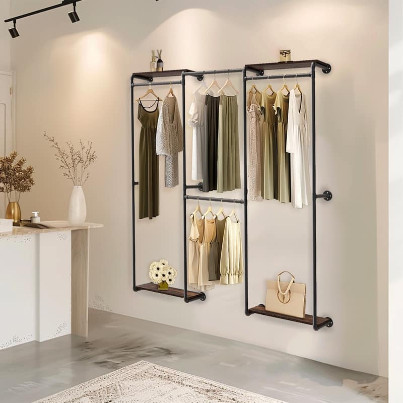 Industrial Pipe Clothes Rack Wall Mounted Clothing Rack Wardrobe Storage Clothes