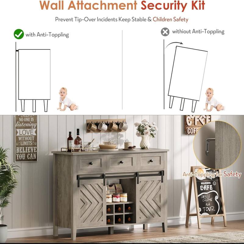 47.2" Farmhouse Sideboard, 33.4" High, with 3 Drawers, Adjustable Shelves and Removable Wine Rack, White