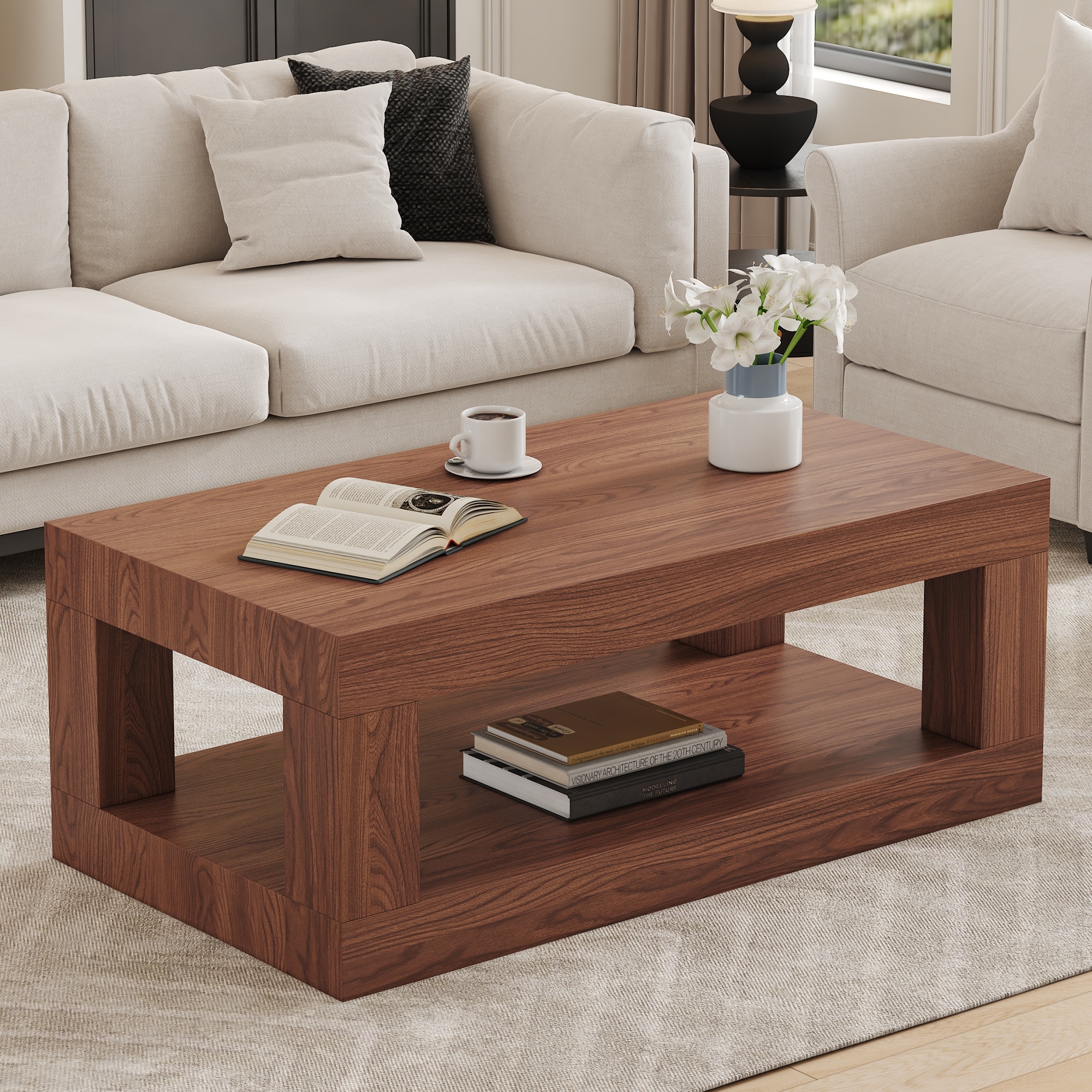 Modern 2-Tier Coffee Table, Rectangular Center Table with Open Storage Shelf, Stable and Durable, Easy Assembly
