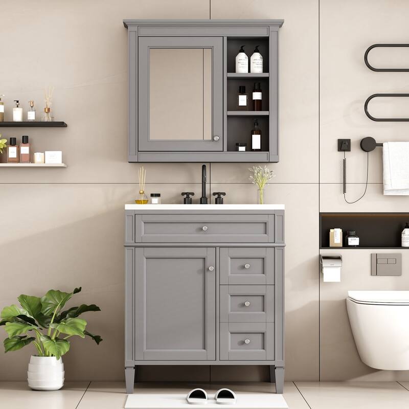Plywood Freestanding Bathroom Vanity Set in Maple with Integrated Ceramic Sink with Mirror Cabinet - 30“ x 18" - Grey
