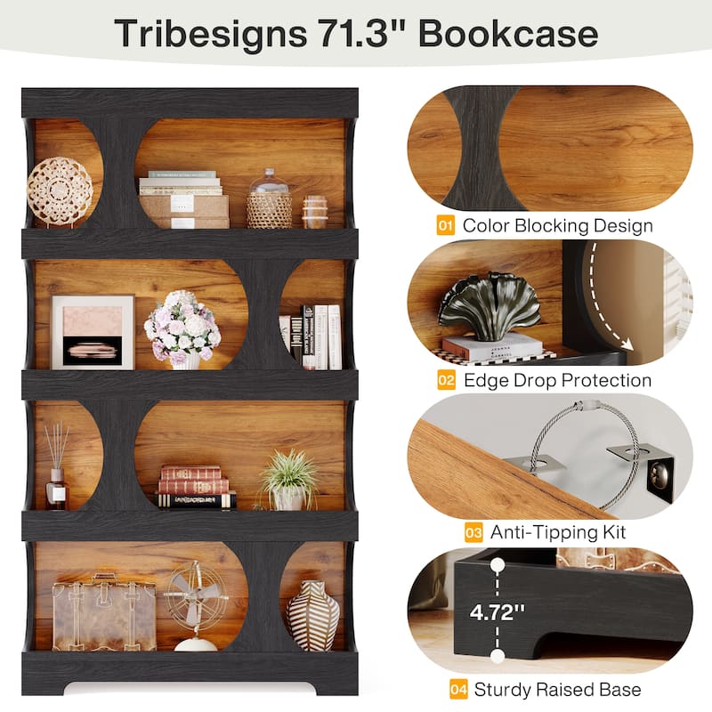 71” Tall Bookshelf, 4-Tier Wood Bookcase for Living Room