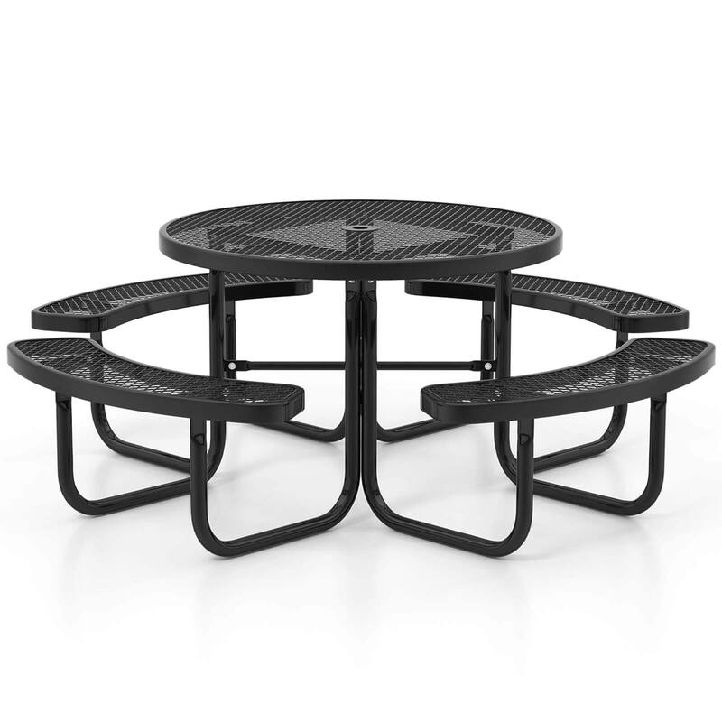 Coated Steel Camping Table Outdoor Round Table & Bench Set for 8 - Black