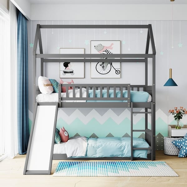 slide 2 of 10, Multifunctional Twin Over Twin Bunk Bed with Slide and Ladder,House Bed with Roof Gray