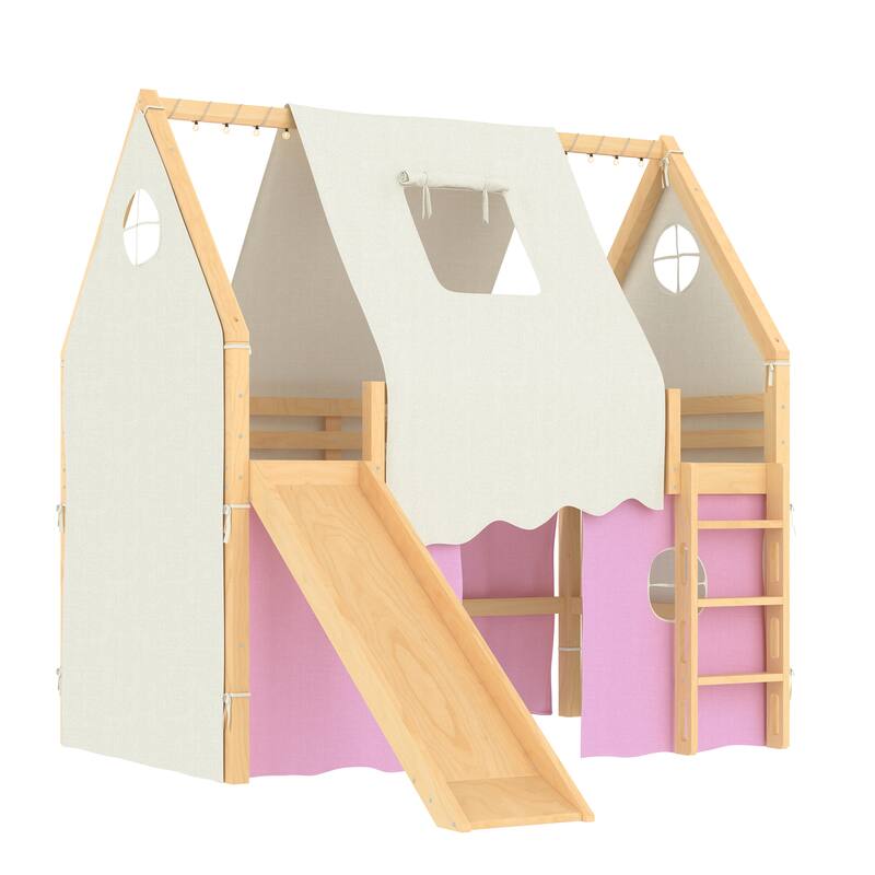 Fairytale Loft Bed Wooden House Bed with Tents, Light Strip and Slide