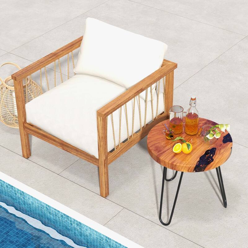 Costway 20" Round Teak Wood End Table Solid Live Edge Outdoor Side - See Details