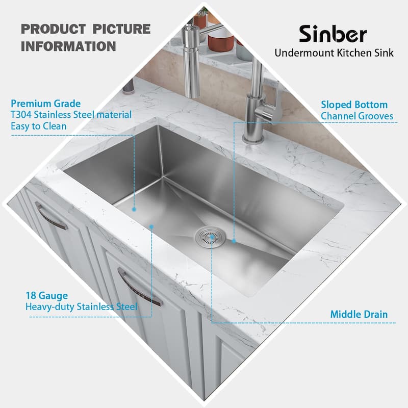 Sinber Undermount Single Bowl 304 Stainless Steel Kitchen Sink