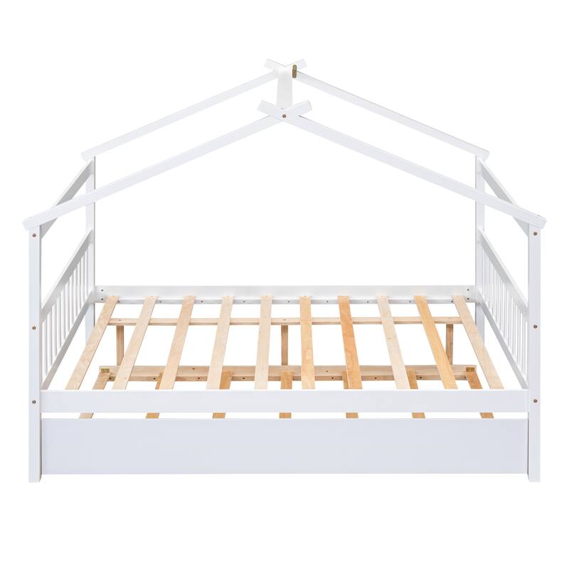 Twin/Full House Bed with Pull-Out Trundle, Solid Pine Wood Frame for Sleepovers