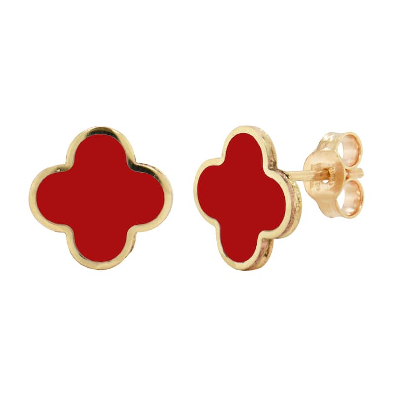 Italian Gold 14K Yellow Gold Medium Clover Stud Earrings - Made in Italy - Clover Size 10mm - Coral