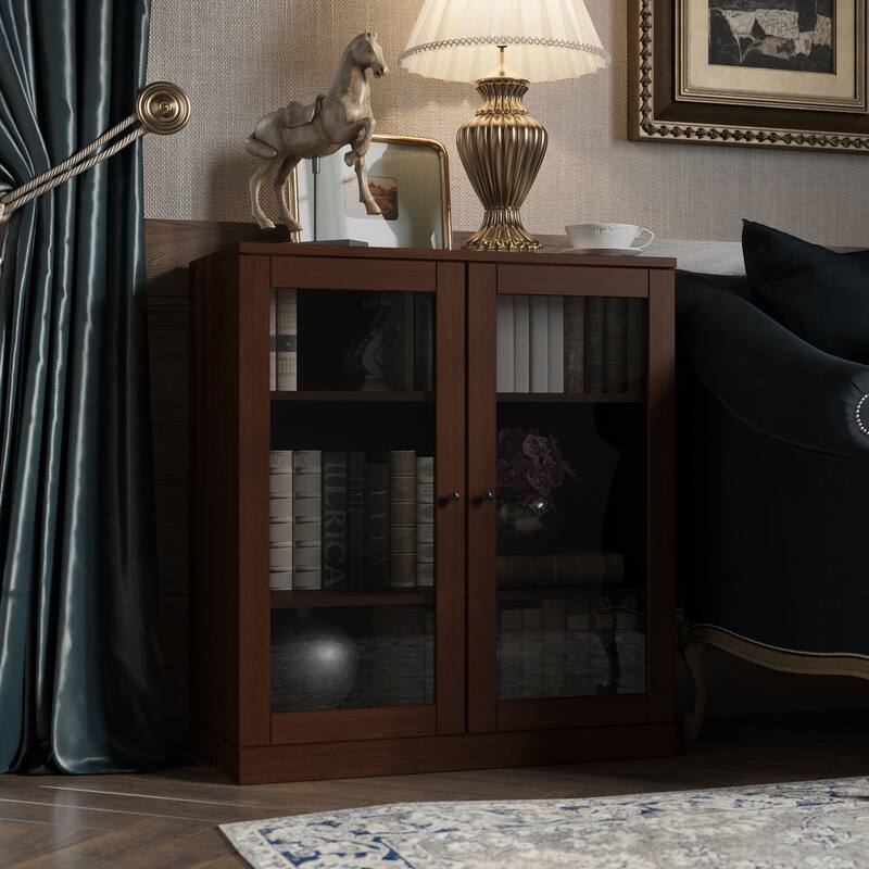 Palace Imports Premium 100% Solid European Oak Hardwood 3-Shelf Modular Bookcase with Tinted Glass Doors - 32" Wide, 35.75" Tall - Rich Cherry Oak