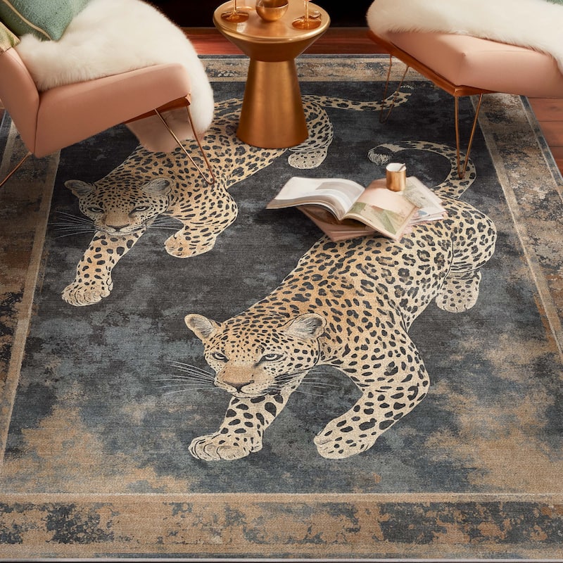 Well Woven Apollo Leopard's Reverie Animal Print Modern Flat Pile Rug - 3'3" x 5' - Charcoal Natural
