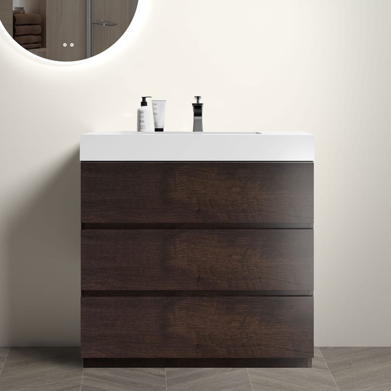 36"Bathroom Vanity with Sink,Large Storage Freestanding Bathroom Vanity , One-Piece White Sink Basin without Drain and Faucet - White+Walnut