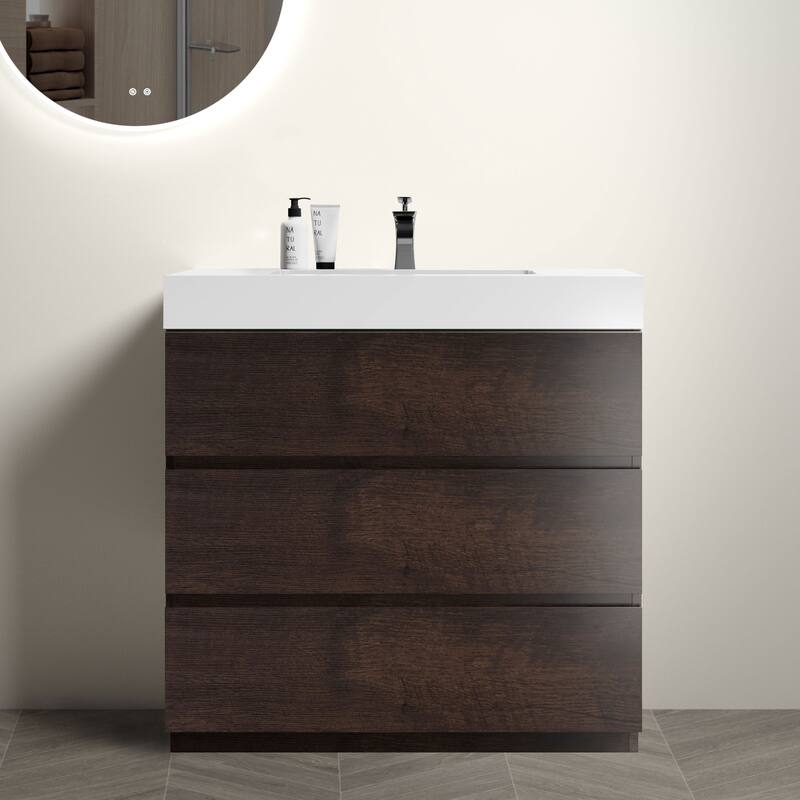 GDFStudio - Alice Walnut Freestanding Bathroom Vanity with One-Piece Matte Black Sink, Modern Handle-Free Design, Pre-Assembled - 36" - White+walnut