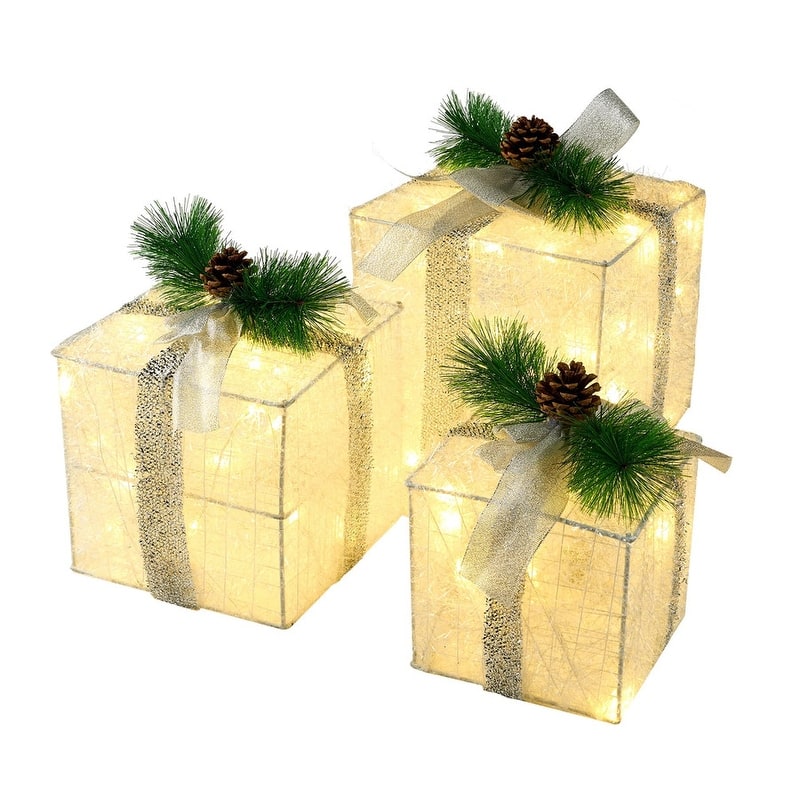 Christmas Lighted Gift Boxes - Set of 3 Iridescent Present Boxes for Indoor Holiday Décor - 60 LED Warm White Lights