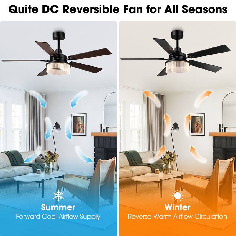 52" Modern Black Reversible 5 Blades Dimmable LED Ceiling Fan with Light and Remote