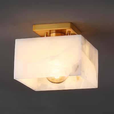 Tessa 8" 1-Light Modern Contemporary Alabaster/Iron Square LED Semi Flush Mount, White Marbling/Brass Gold by JONATHAN Y