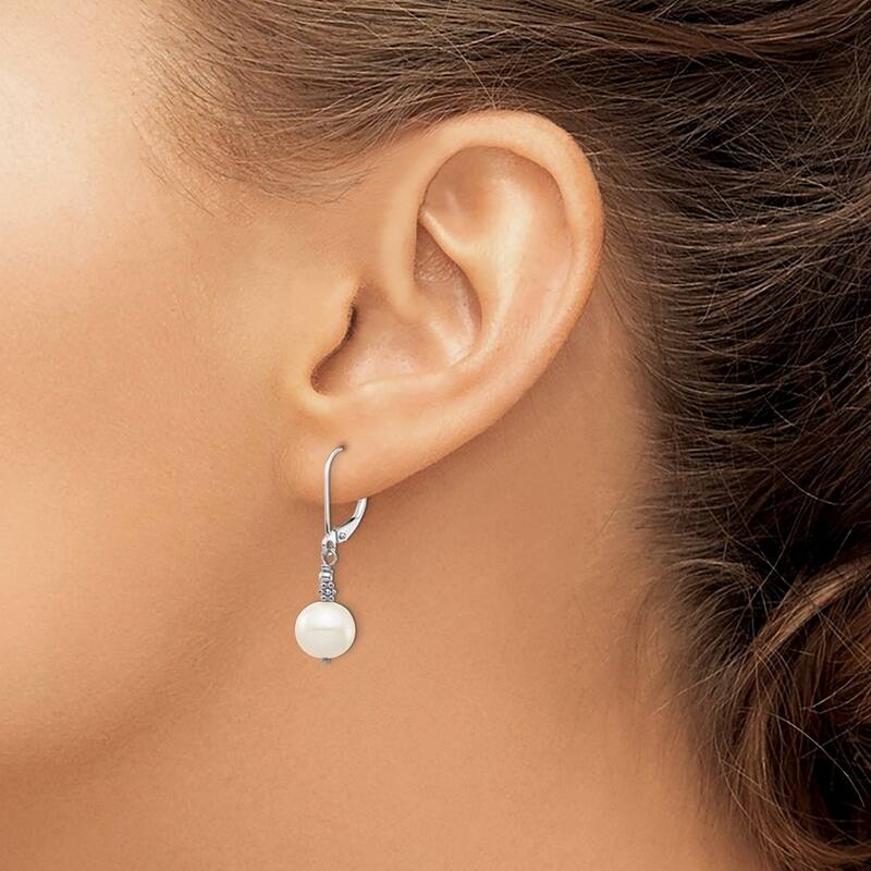 Curata 14k White Gold 8-9mm Round White Freshwater Cultured Pearl Leverback Earrings (31mm)