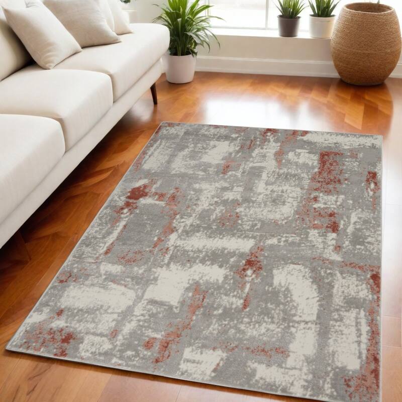 Abstract Modern Non Skid Low Pile Area Rug - 87' X '63' X '0.25 - Gray - Rectangle