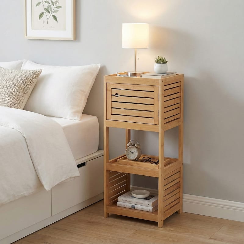 Compact Bathroom Storage Cabinet with Open Shelves and Vented Door, Natural - Trinidad Collection - 24.8"L x 9"W x 70.5"H