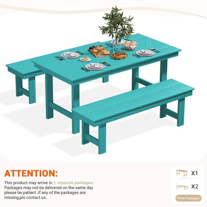 3-Piece HDPE Outdoor Dining Set with Umbrella Hole Table and Two 2-Person Benches