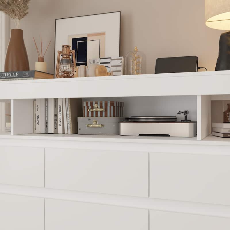 Modern 9-Drawer Dresser with RGB LED Lights and Built-in Power Strip - White Storage Chest