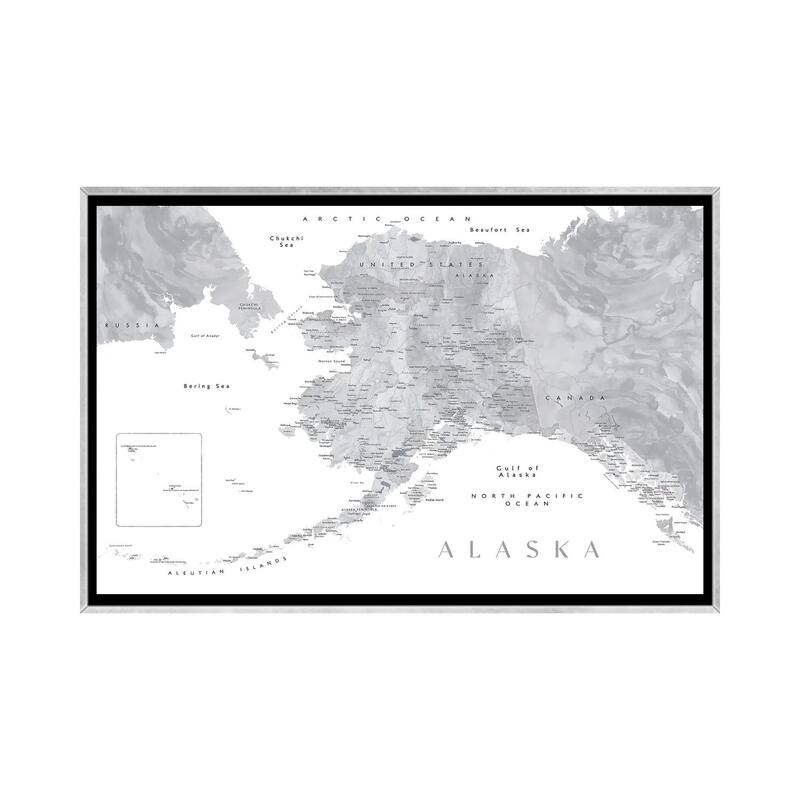 iCanvas "Gray Watercolor Detailed Map Of Alaska" by blursbyai Framed