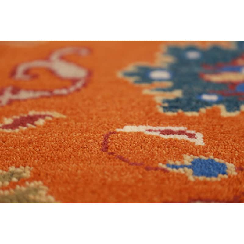 Orange Floral Oushak Indian Area Rug Hand-Knotted Wool Carpet - 7'11" x 9'11"