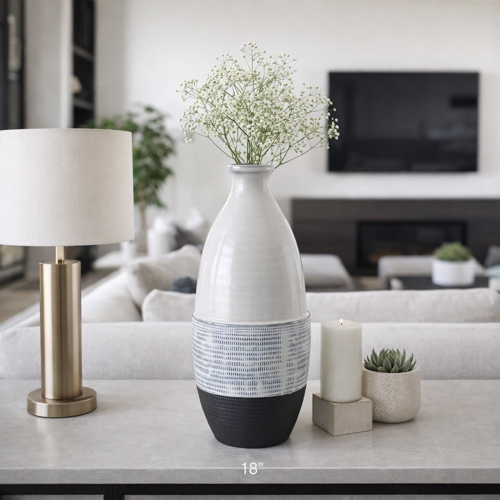 Two Tone Textured Stoneware Flower Vase - 19", Gray & Black