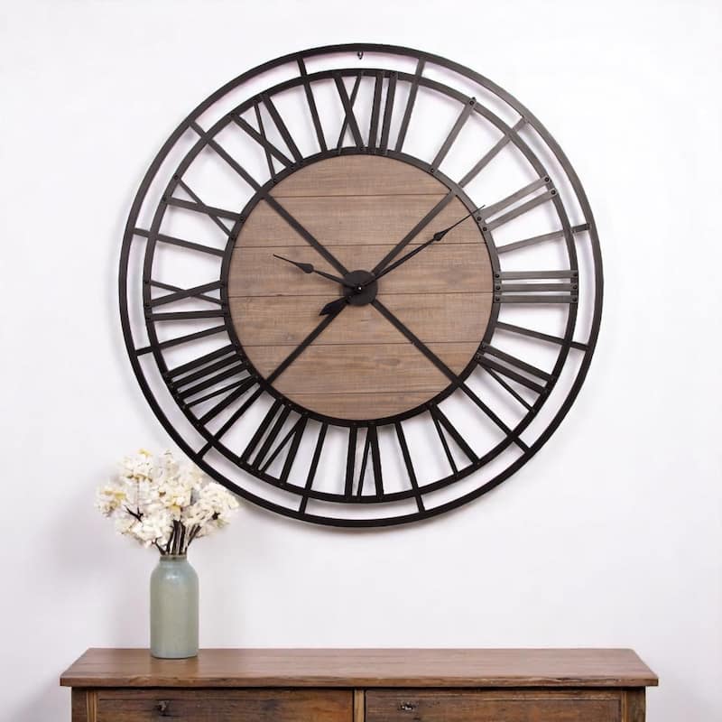 HomeRoots 59" Black And Brown Metal and Solid Wood Skeleton Circle Wall Clock - 3