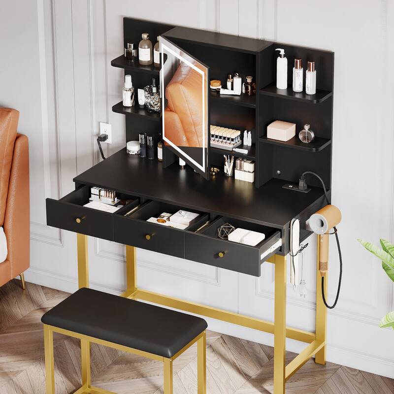 Moasis 3 Drawers Vanity Desk with Mirror Lights and Hidden Storage Shelves