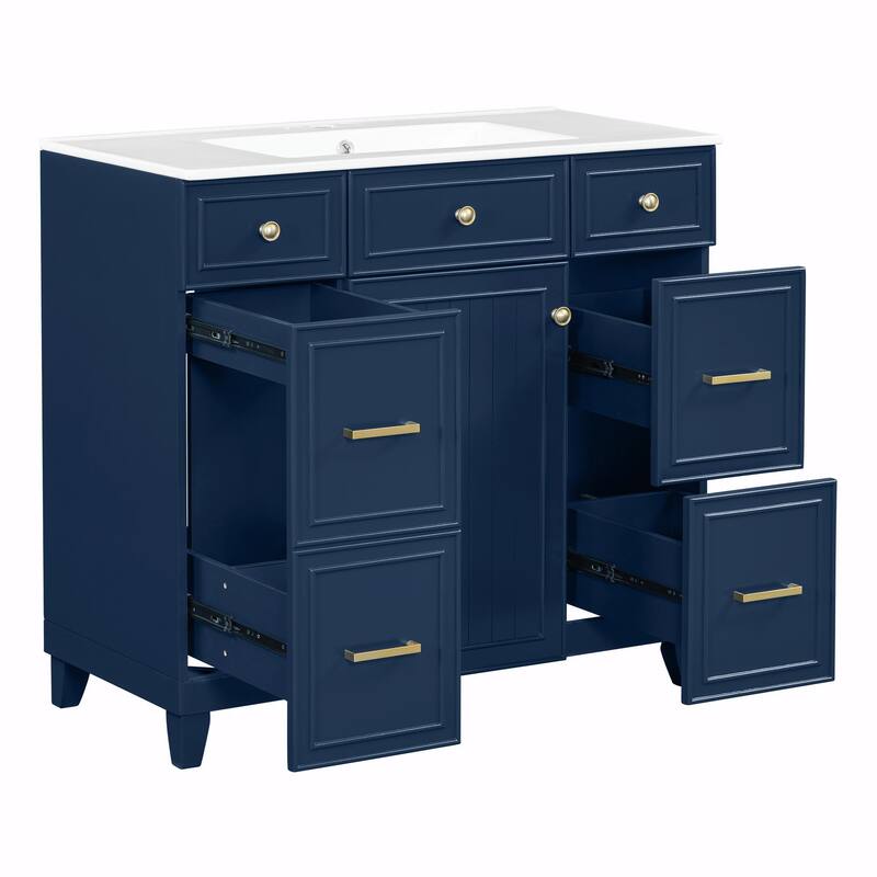 36" Bathroom Vanity with Ceramic Sink, Blue, Solid Wood Frame, Soft-Close Doors, Adjustable Shelves