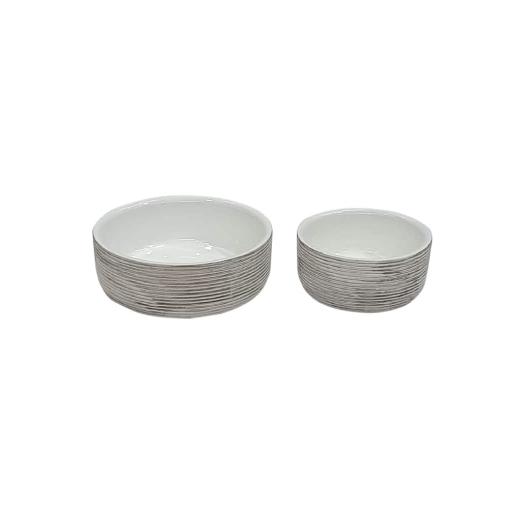 Set of 2 Wooden Round Bowls White Wash & Enamel 8x8 & 6x6 -ST - White - White
