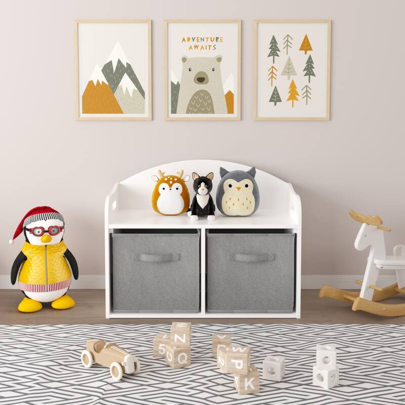 Anmytek White Storage Bench with Fabric Bins Kids Toy Organizer Entryway Seating