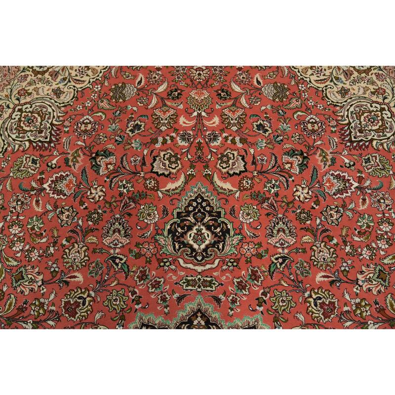 Hand Knotted Oriental Wool & Silk Carpet Traditional Floral Red Tabriz Area Rug - 13' 0'' X 9' 10''