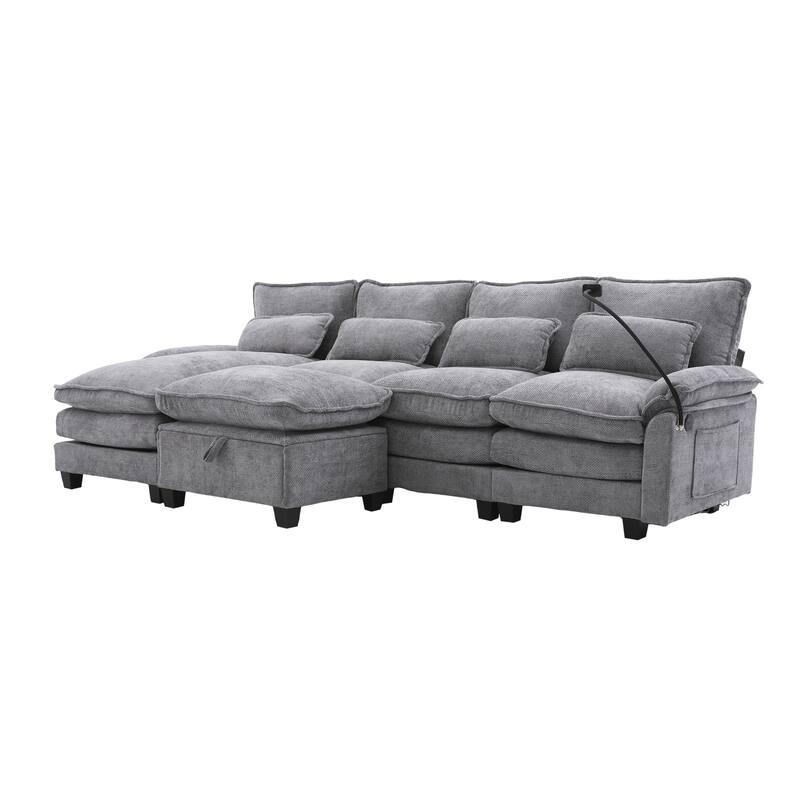 Chenille U-shape Sectional Sofa with Chaise and Storage Ottoman, Modular Couch with USB/Type-C Ports, Side Pockets, Phone Holder