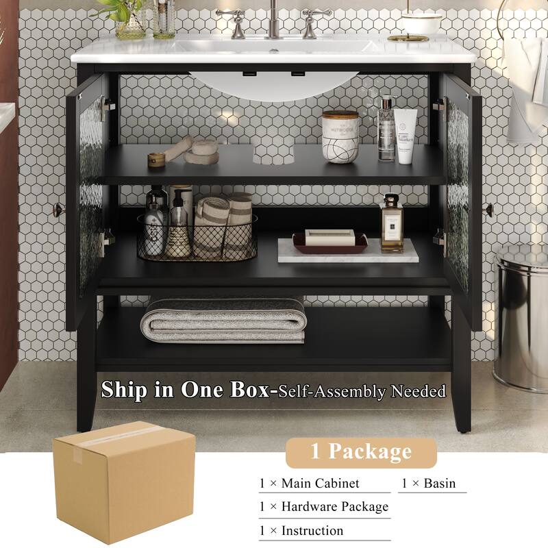 36" Storage Cabinet for Bathroom Vanity with Sink, Textured Glass Doors, Open Shelf, Silver Metal Knobs and Adjustable Shelf