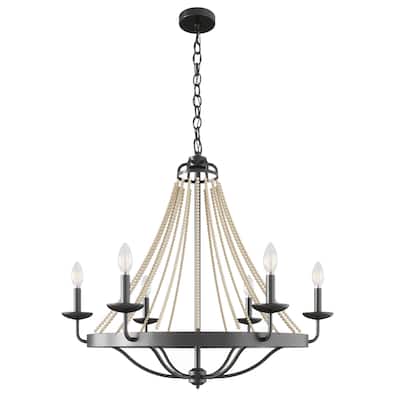 Matte Black Farmhouse Candle Chandelier with Wood Beads Design