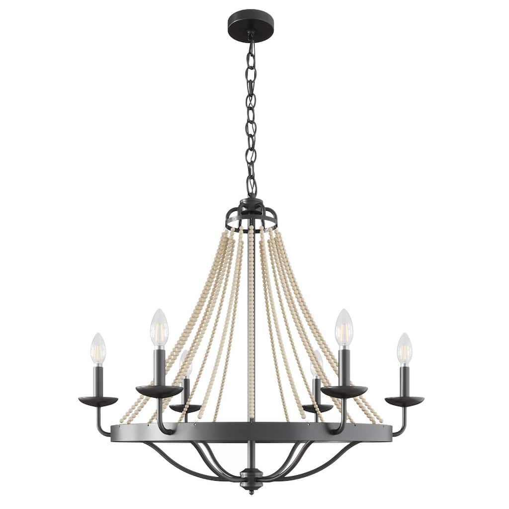 Matte Black Farmhouse Candle Chandelier with Wood Beads Design