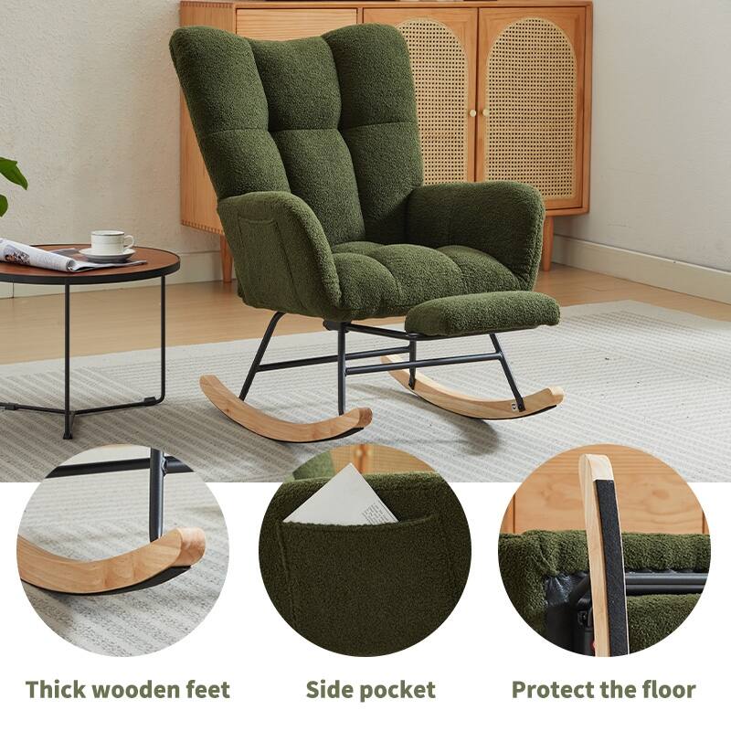 Teddy Fabric High-Back Glider Rocking Chair with Solid Wood Legs and 30° Gentle Swing