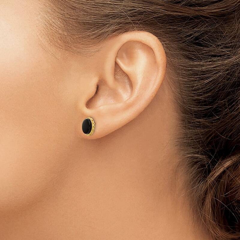 Curata 14k Yellow Gold Bezel Created Onyx Scallop Frame Earrings (7x10mm)