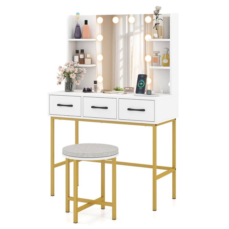 Costway Vanity Desk with Mirror Lights Power Outlets 4 Open Shelves 3 - See Details - White