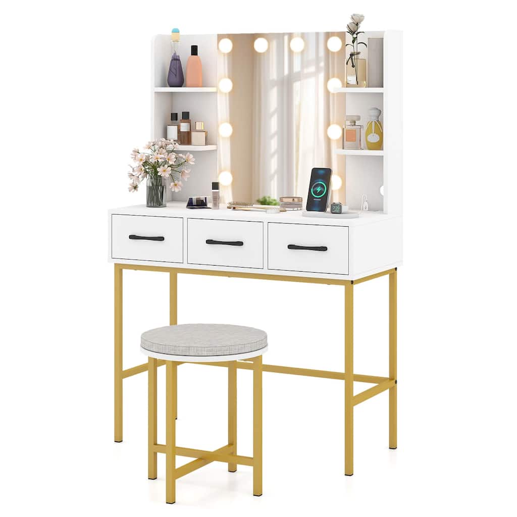 Costway Vanity Desk with Mirror Lights Power Outlets 4 Open Shelves 3 - See Details