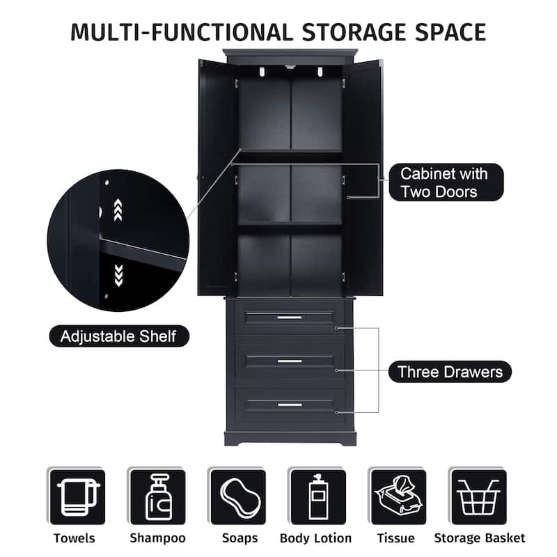 Tall Storage Cabinet with Three Drawers for Bathroom/Office, Black