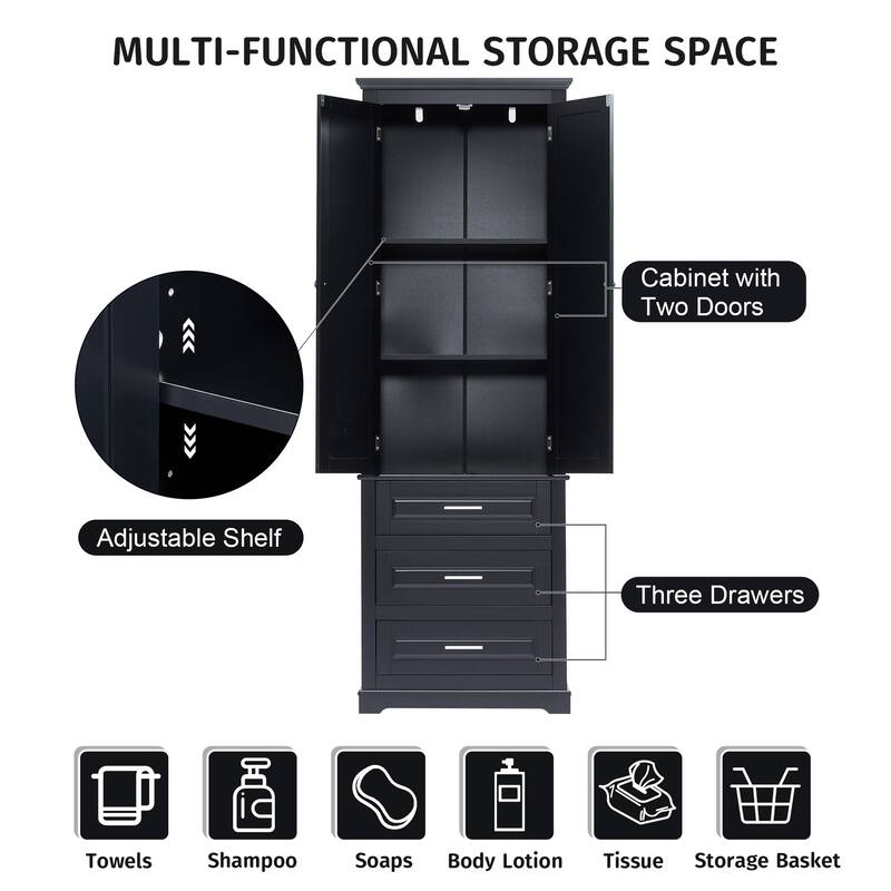 Tall Storage Cabinet with 3 Drawers, Bathroom & Office Organizer with Adjustable Shelves